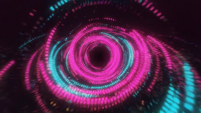 Abstract digital tunnel with glowing neon rings in pink, blue, and yellow colors, futuristic light speed motion background