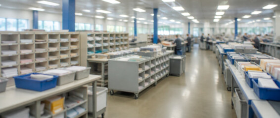 Fototapeta premium Blurred interior view of a modern corporate mailroom or distribution center with rows of storage shelves, sorting stations, and organized paper bins in a professional business logistics facility
