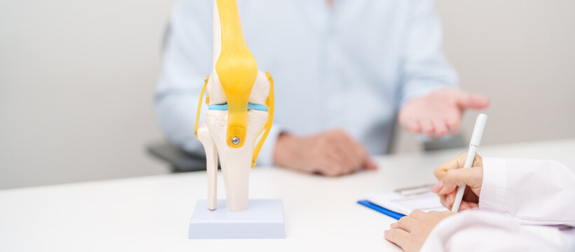 Doctor with Human Knee joint anatomy model. Osteoarthritis, Patellofemoral Pain Syndrome, Patellar Tendinitis, ACL, Anterior Cruciate Ligament, PCL, Posterior, MCL, Medial Collateral, LCL and Lateral