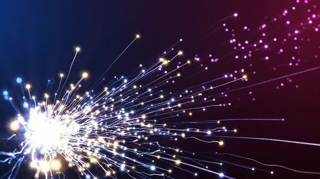 Abstract explosion of glowing light particles and trails in pink and blue, dynamic energy burst background