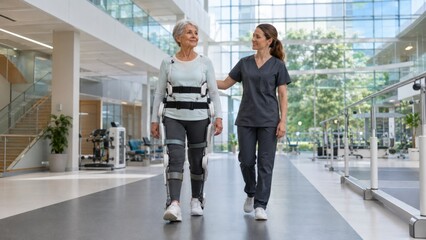 Fototapeta premium Senior Woman Using Rehabilitation Exoskeleton With Therapist in Modern Recovery Center