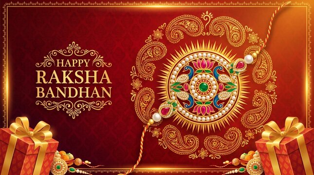Greeting background with decorated rakhi and gift for Raksha Bandhan (Bond of protection and care) &ndash; Indian festival of sisters and brothers.