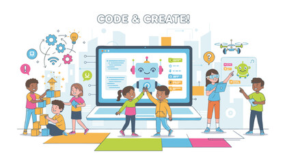 Fototapeta premium Diverse group of children learning coding and programming to build robot and creative digital models in classroom.