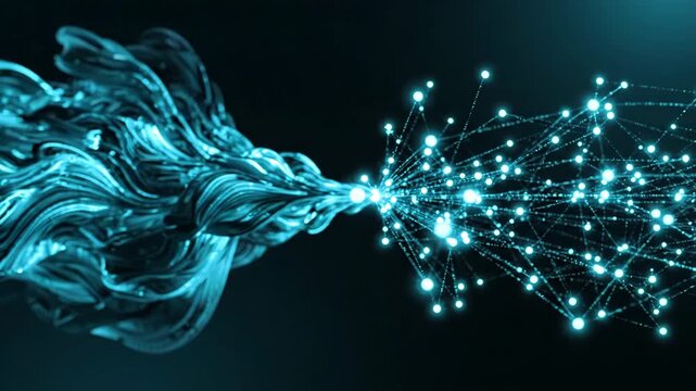 Abstract visualization of data transmission with flowing blue fiber optic cables connecting to a central glowing digital node
