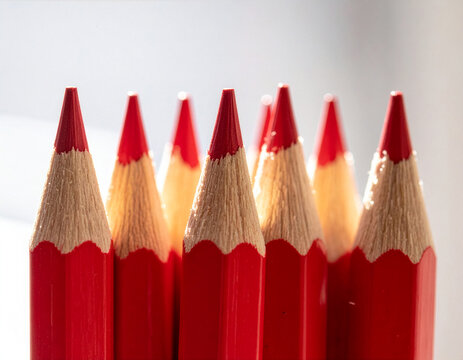 Macro Close Up of Sharpened Red Colored Pencils on White Background