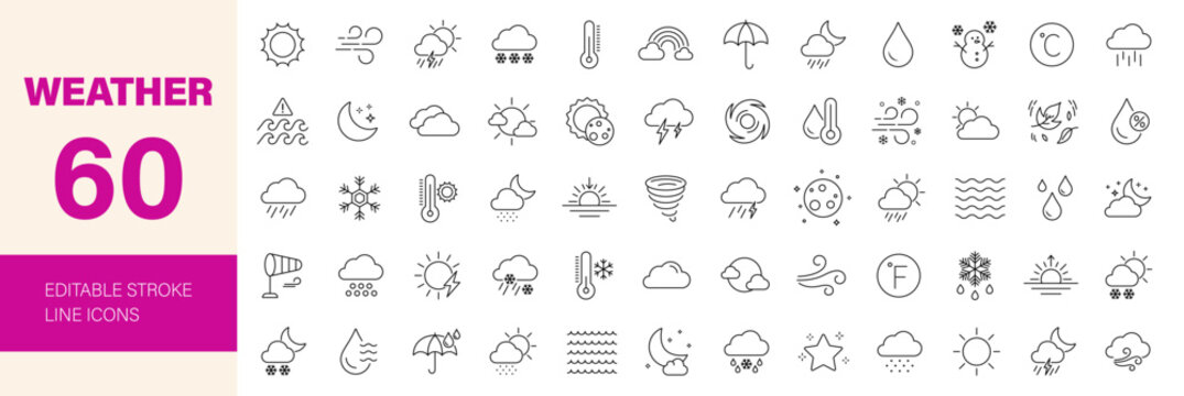 Weather icon set. Editable line icons. Vector illustration.