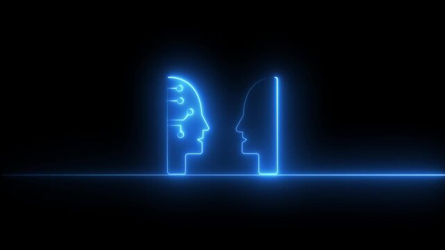 Minimal glowing neon AI communication icon animation featuring a human face with integrated circuit elements communicating with another human profile. Futuristic artificial