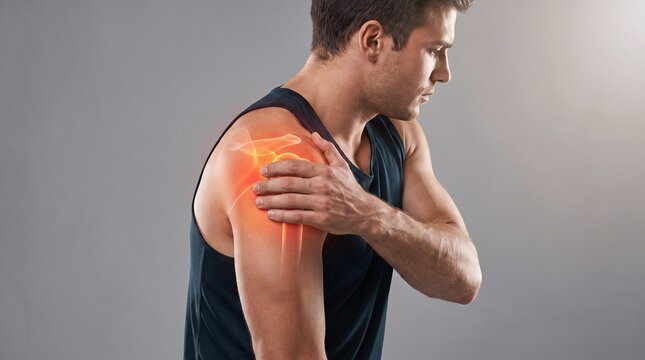 Athletic man holding his painful shoulder with glowing anatomical shoulder joint illustration.