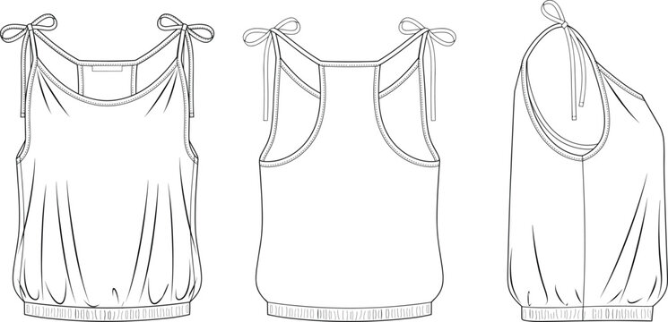 Minimalist technical women's camisole blouse featuring bow tie shoulder straps and elastic blouson hem for apparel manufacturing vector template