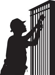 Obraz premium Silhouette of a man in a cap, painting a metal gate
