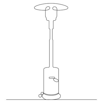 Continuous line art of an outdoor patio heater standing on the floor.