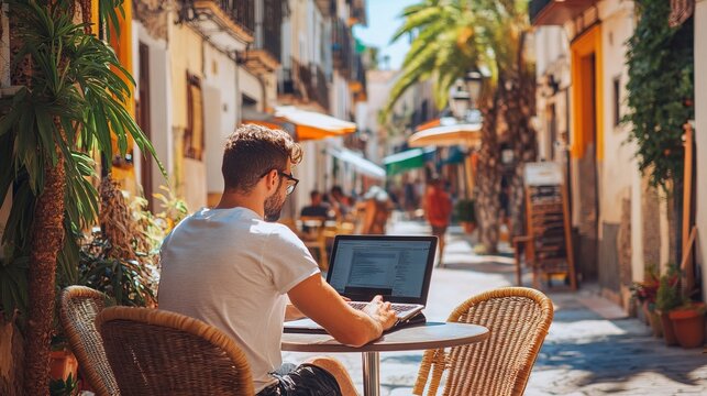 Lifestyle. Remote Work. Outdoor Caf&Atilde;&copy; Setting.