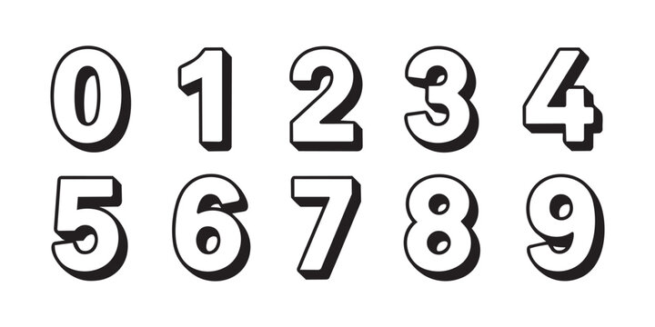 3D numbers from zero to nine with bold black outlines Vector