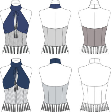 Modern western halter corset top featuring high neck keyhole tassels and fringe hem for apparel manufacturing vector flat sketch