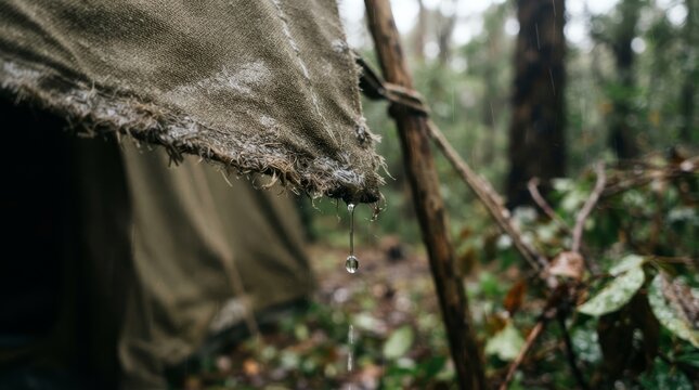 A close-up shot of rain dripping from a wet tent flap into a misty forest.