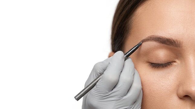 Beautician applying permanent makeup or microblading tattoo on female eyebrow