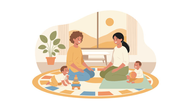 Family playgroup scene showing two mothers smiling while their babies play with colorful toys on floor carpet.