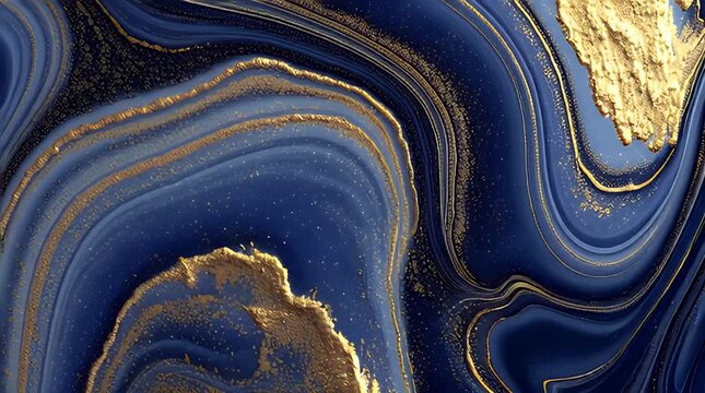 Blue gold marble swirling slowly in luxury abstract background cinematic macro panning shot for cosmetic packaging marketing