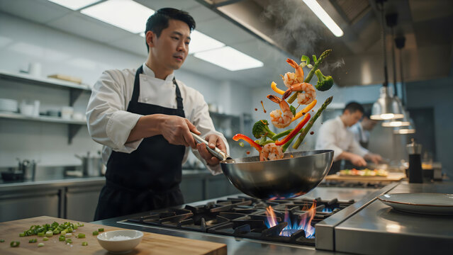 Professional asian chef cooking stirfry with vegetables and shrimp in a commercial kitchen