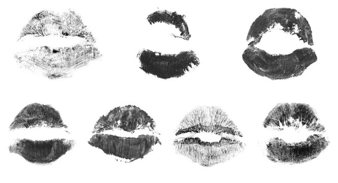 Set of black lip kiss imprints PNG overlay, realistic lipstick marks isolated on a transparent background design