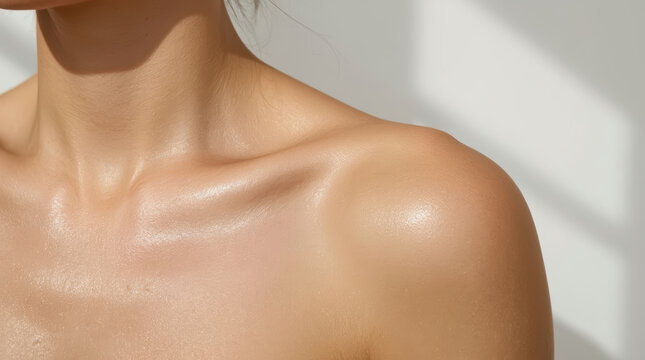 Healthy glowing shoulder and collarbone with lightweight lotion applied in soft light