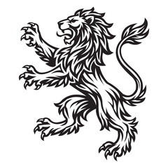 Fototapeta premium Heraldic lion rampant vector icon black and white silhouette isolated on white background. Royal lion crest design element for logo or tattoo.
