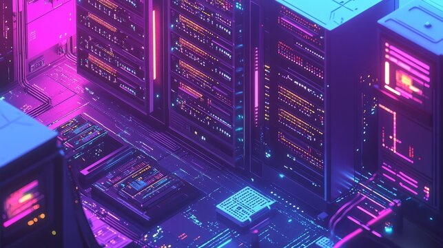 Digital. Server Room. Neon Lights, Technology, Data Storage.