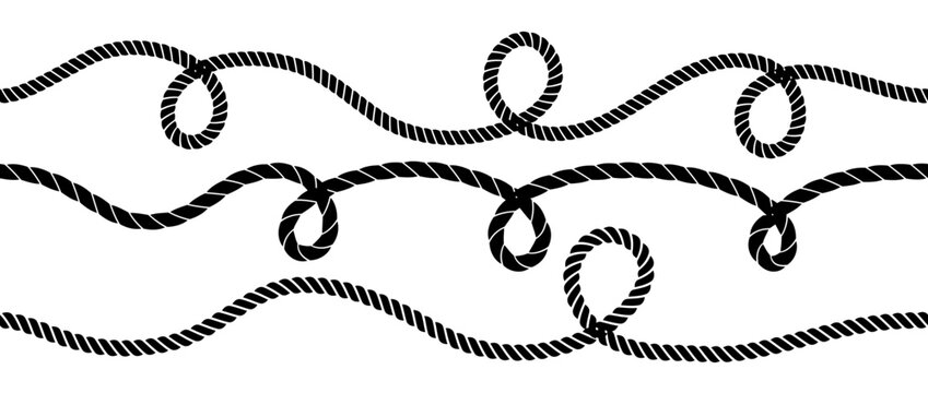 Repeating rope wave pattern collection. Repeated squiggle curve thread lace set. Loopable hemp cord motif bundle. Wiggly braid twine plait loops. Tangled chain, wire or yarn string tie pack. Vector