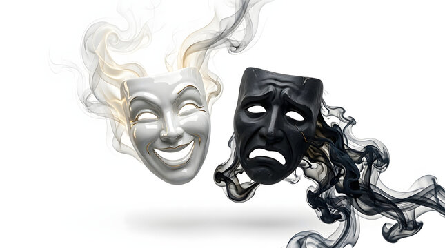 White comedy mask and black tragedy mask floating in the air, both dissolving into wisps of smoke.