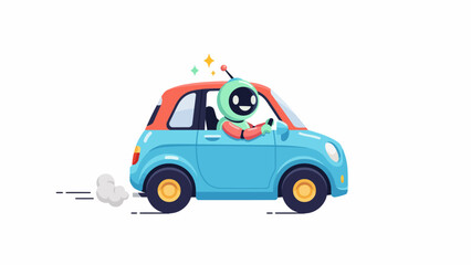 Fototapeta premium Happy Robot Driving Car: A cute, smiling robot with antennae drives a small, blue and orange car, leaving a trail of motion lines, symbolizing progress and technology.
