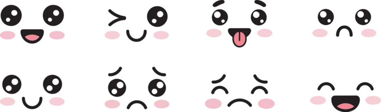 Kawaii face expressions, funny chibi faces, cute emoticon set with smiling, laughing, winking, angry, sad cartoon emotions for stickers, messaging, and anime vector design.