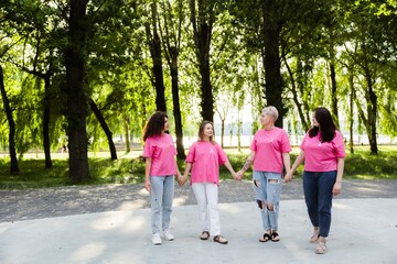 Obraz premium Diverse group of diverse multinational women wearing pink t shirt with pink ribbon walking in park