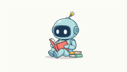 Fototapeta premium Robot reading book sitting on floor books stack of books antenna