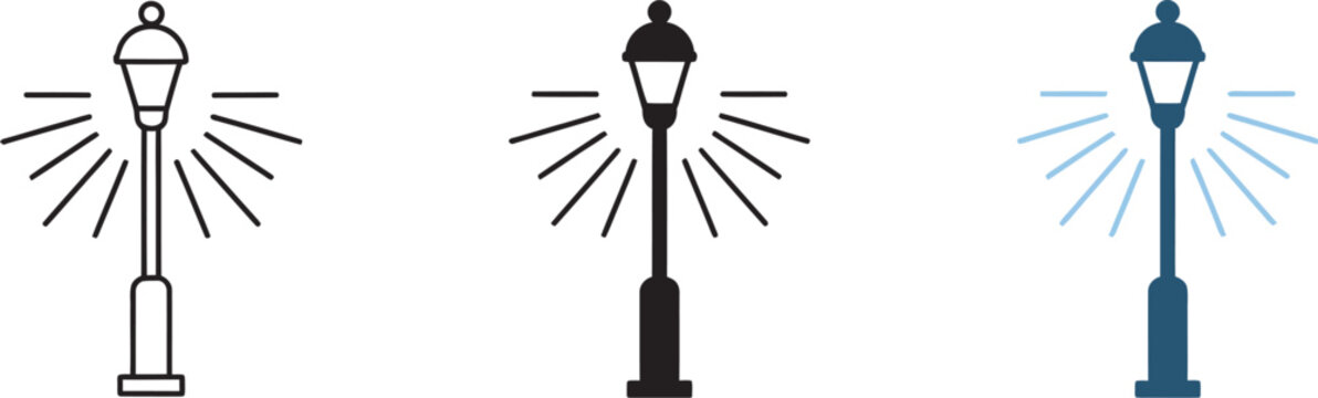 Lantern icon set, vintage street lamp symbols, outdoor garden lighting collection with park illumination, decorative lamp icons, urban landscape, and vector illustration.