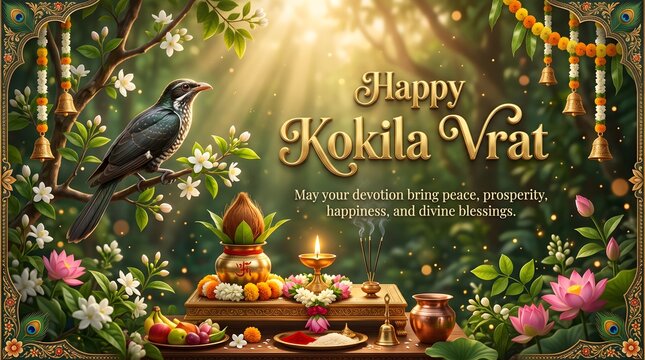 Festive kokila vrat celebration greeting with traditional offerings with offerings