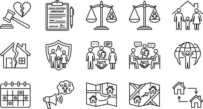 Vector linear family law and divorce settlement line icon set featuring child custody gavel broken home scales of justice and mediation elements