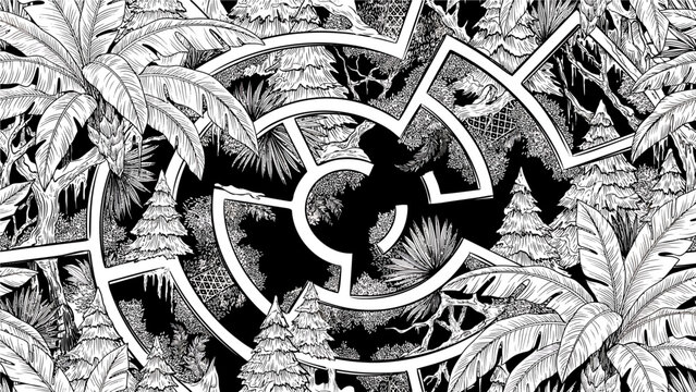 Black bat in maze on white background labyrinth jungle tropical palm trees