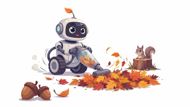 Robot sweeps leaves with squirrel on white background autumn fall cleaning machine