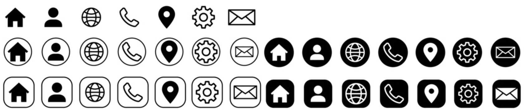home, user, globe, phone, location, settings, mail icons set