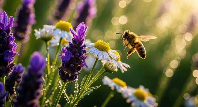 Honey bee flying to pollinate lavender and chamomile flowers in sunlight
