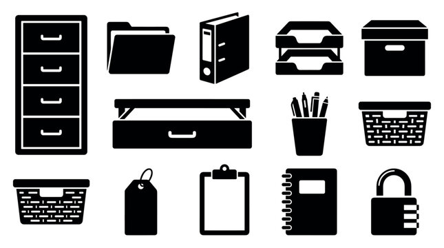 Office organization and document storage vector icon set in flat black glyph style