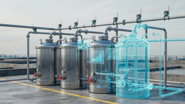 Smart industrial water treatment plant with digital twin holographic overlay and IoT monitoring system