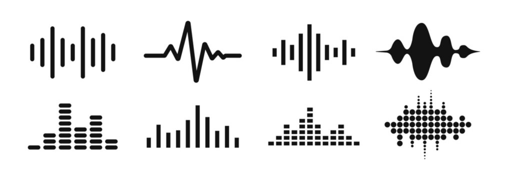 Audio Waveform Icon Collection with Sound Wave, Music Equalizer and Voice Signal Editable Vector Set