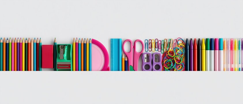 Stationery supplies with colorful pencils markers scissors and notebooks in a row