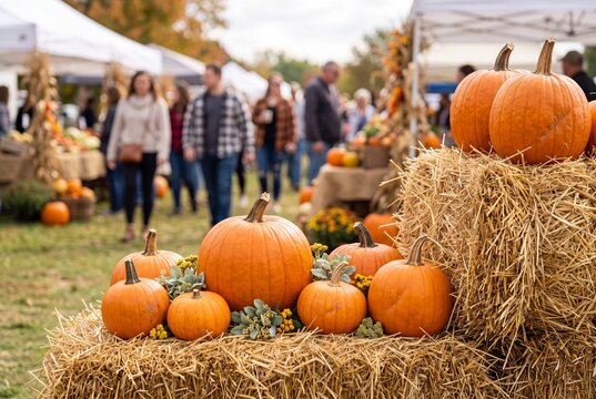 Pumpkins on hay bales at an outdoor autumn farmers market with people walking in the background