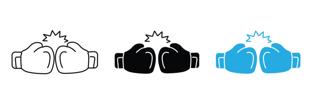 Boxing Gloves Vector Icon Set, Boxing Match, Punching Gloves Outline and Silhouette Collection for Combat Sports, Martial Arts and Fitness Isolated on White Background