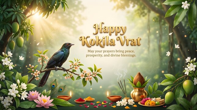 Festive kokila vrat celebration greeting with cuckoo bird with vibrant festive composition