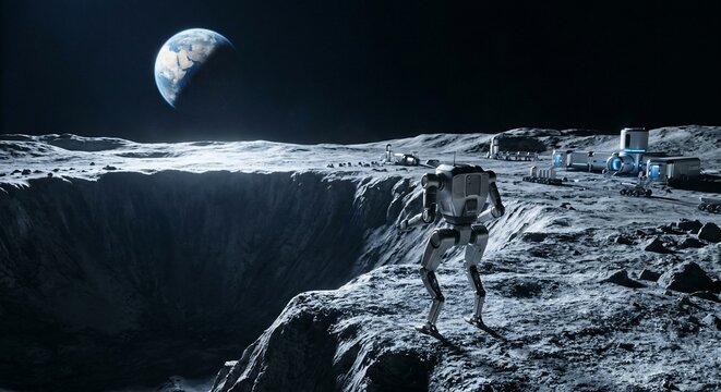 Robotic explorer standing on moon surface looking at Earth planet base