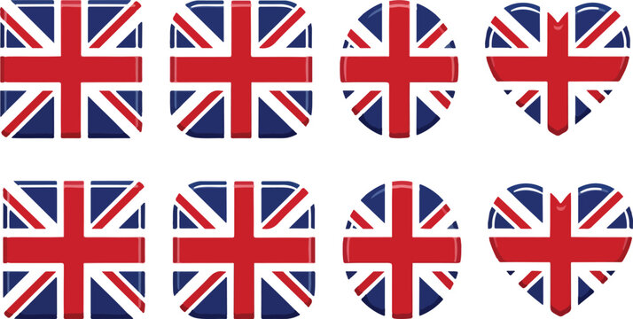 Set of eight stylized United Kingdom flags in various shapes symbolizing British identity and patriotic concept illustration