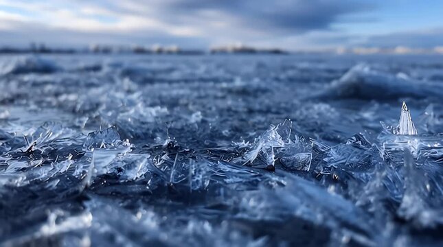 Sharp ice crystals glistening on a frozen lake surface under a cloudy winter sky in cinematic macro tracking shot for environmental awareness marketing